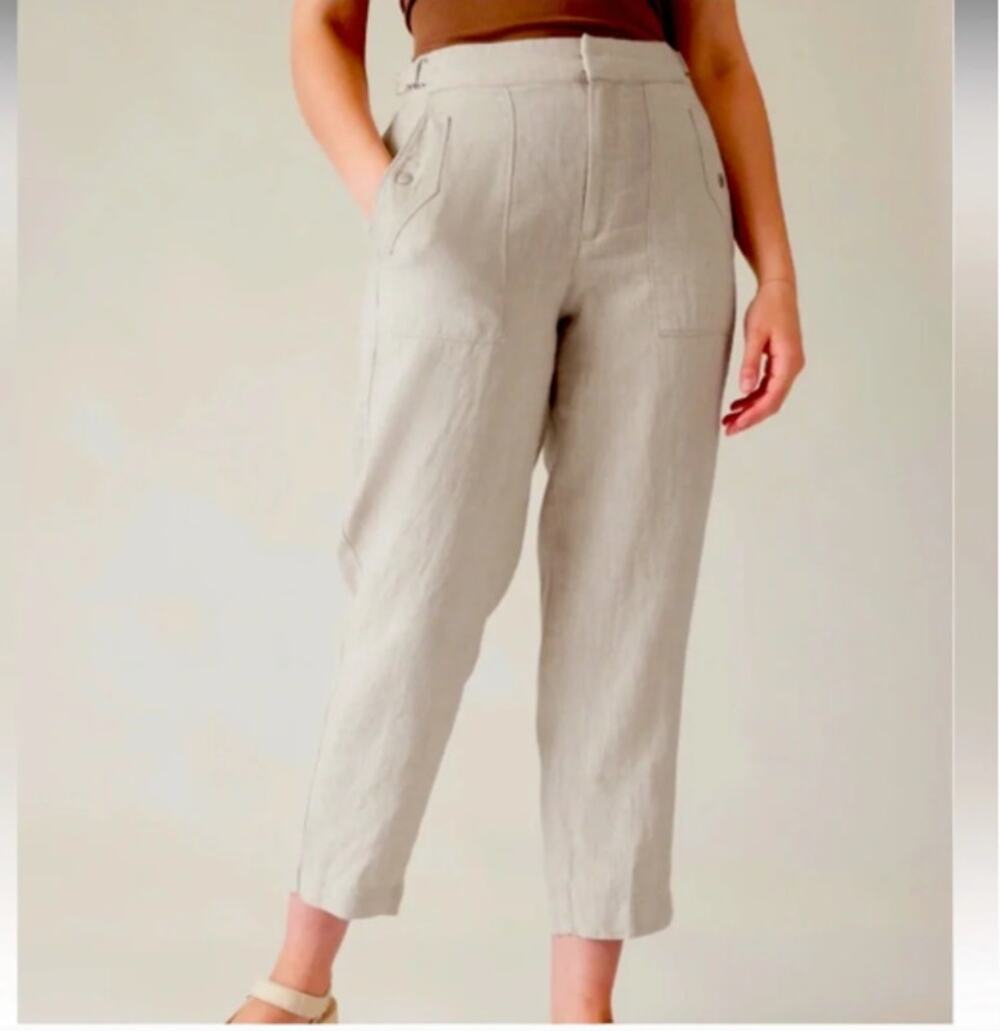 Athleta Voyager Linen Cropped Pants Sz 10 Beige Elastic Waist Coastal Minimalist